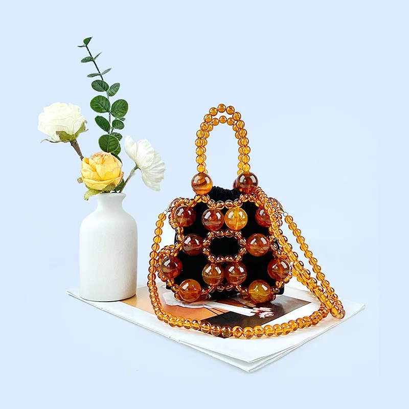 New Hollow Out Vintage Tortoiseshell Beaded Handbag Luxury Design Women's Acrylic Beaded Drawstring Clutches Mini Crossbody Bag