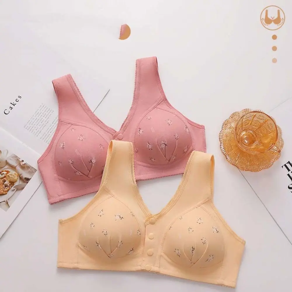 Comfortable Plus Size Women's Flower Bra Ruffle Seamless Wireless Bra Elderly Widen Band Intimates Front Button Bras Lingerie