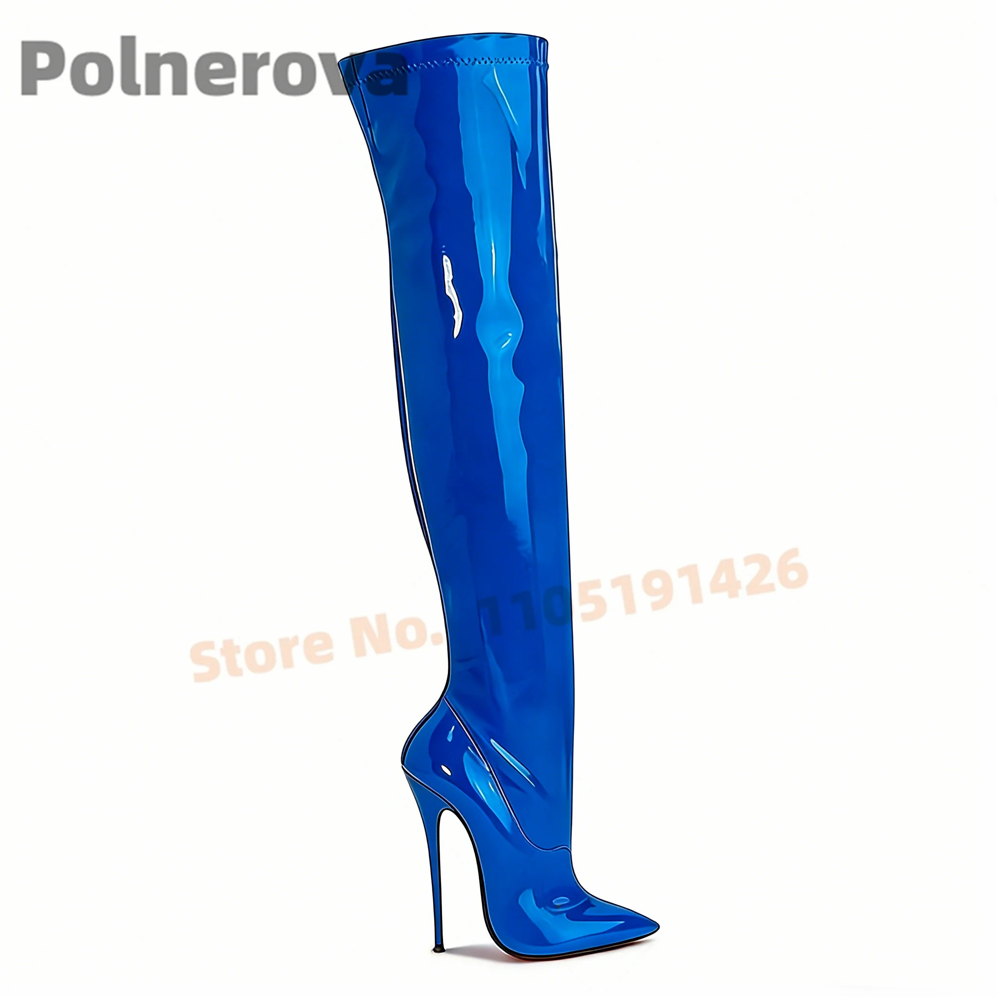 

Women's Blue Patent Leather Thigh High Boots Pointed Toe Stiletto Heel Over The Knee Boots Pole Dance Nightclub Party Shoes