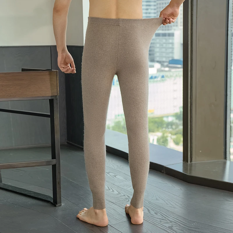Four Level Needle Thickened 100% Cashmere Pants Men Knitted Elastic Waistband Leggings Slim Fit Inner Layer Warm Pants Winter
