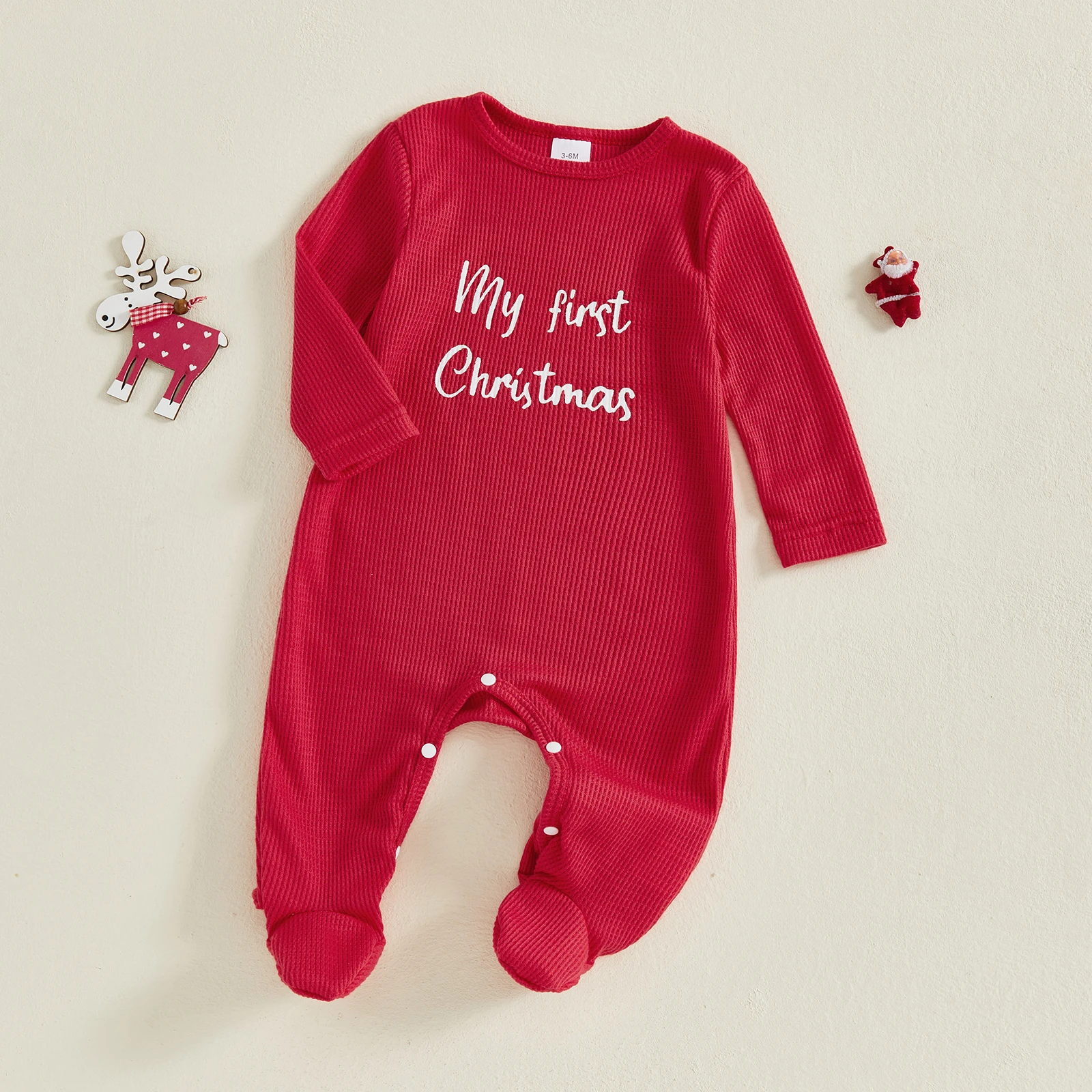 Newborn Baby My First Christmas Romper Letter Print Long Sleeve Round Neck Footed Xmas Jumpsuit Playsuits for Boys Girls