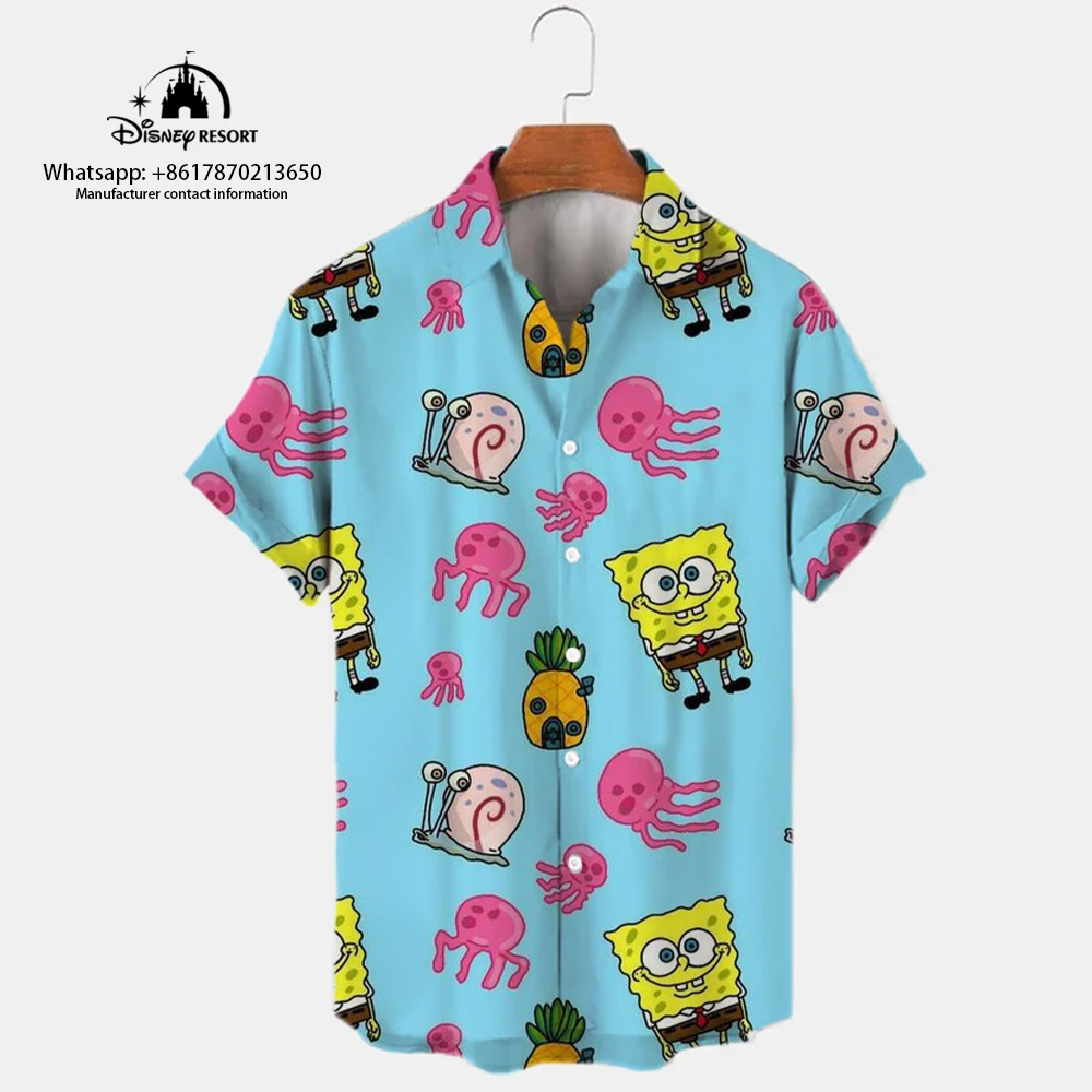 

2024 summer new hot sale Harajuku casual shirt cute SpongeBob cartoon street trend versatile men's lapel short-sleeved shirt