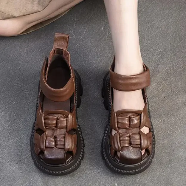 أعلى جودة 7 سنتيمتر البقرة نسج جلد طبيعي هوك منصة جوفاء إسفين النساء ماري جين الصنادل شبشب صيفي مضخات الأحذية الشقق #2