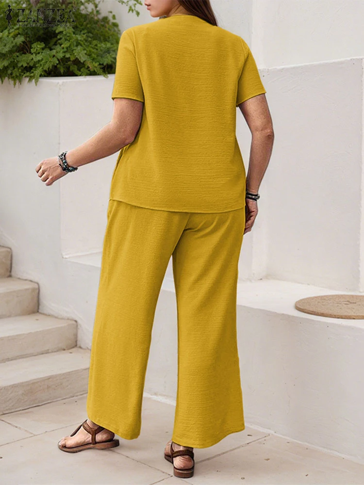 ZANZEA Set di pantaloni da donna 2025 Top estivi con scollo a V a maniche corte e pantaloni lunghi a gamba larga Casual Solid 2 pezzi Abiti vintage in due pezzi