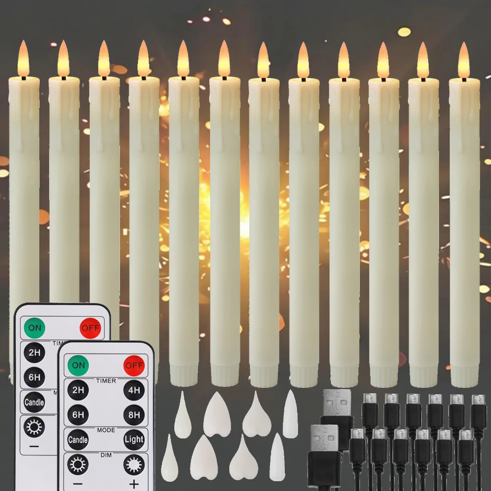Rechargeable Taper Candles with Remote & 24Pcs Plastic Lamp Head Flickering Flameless Dripping Wax Window Candlesticks Home Deco