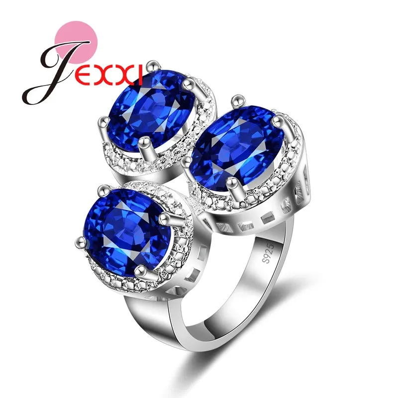 Fashion Elegant Three Blue Austrian Crystal Rings For Women 925 Sterling Silver Engagement Wedding Rings Bridal Jewelry