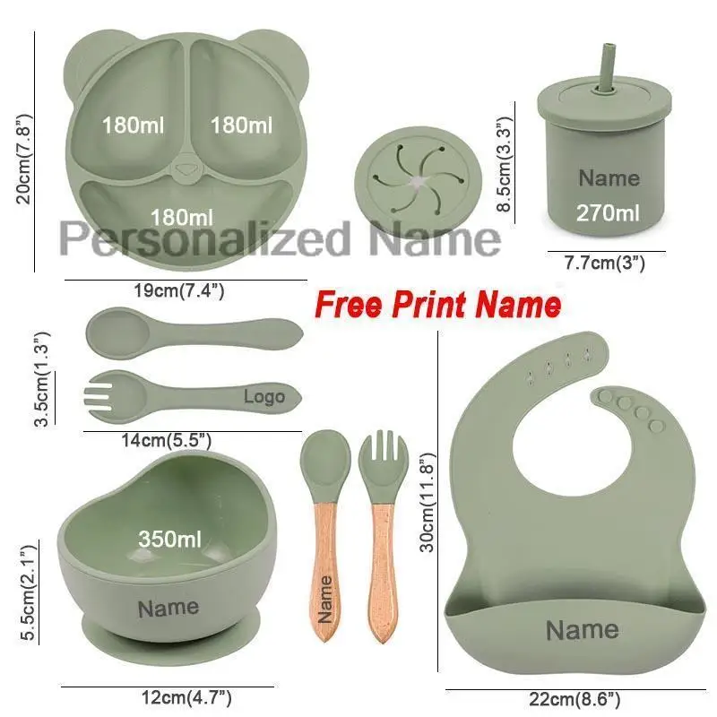 Silicone Sucker Bowl Plate Cup Bibs Spoon Fork Sets Personalized Name Children\'s Feeding Dishes Silicone Tableware Set For Kids