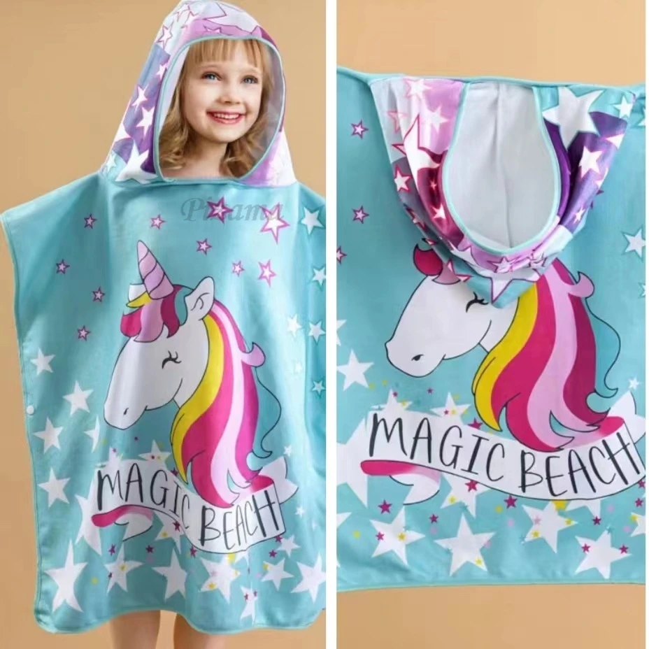 Toddler Baby Girls Unicorn Bathrobes Blue Star Print Wrap Beach Towels Quick Dry Soft Comfortable Kids Hooded Bathrobe Towels