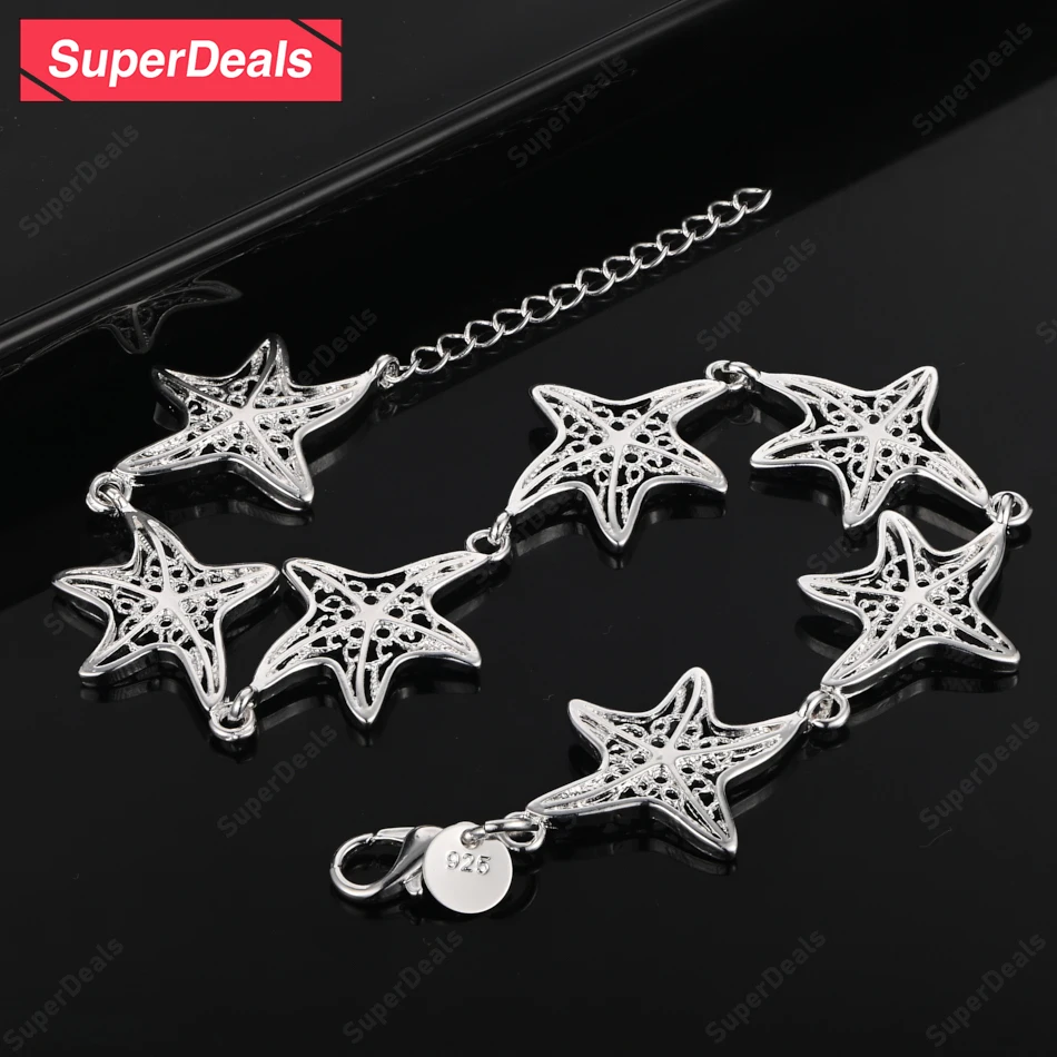 

SuperDeals 925 Sterling Silver Hollow Starfish Bracelet Lady Pretty Jewelry Engagement Wedding Party Birthday Gift Accessories