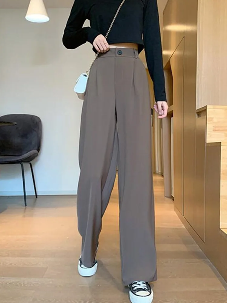 Pantalon large taille haute pour femme, pantalon droit de bureau, monochromatique, décontracté, style coréen, printemps, automne, FjWoman