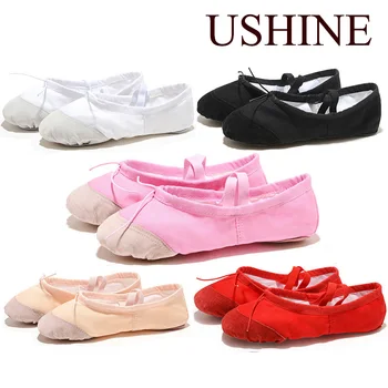 USHINE Leather/Cloth Indoor Exercising Shoes Pink Yoga Practice Slippers Gym Children Canvas Ballet Dance Shoes Girls Woman Kids