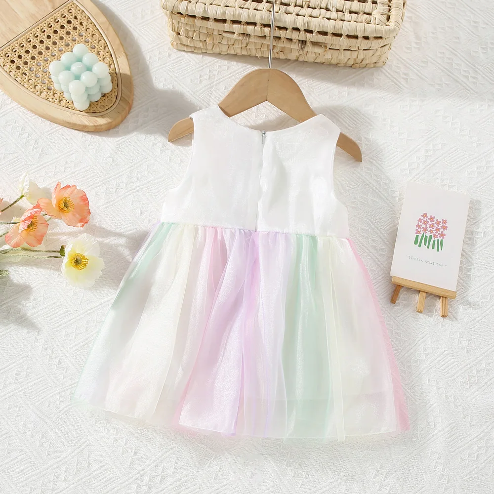 Summer baby girl dress with large bow and colorful mesh stitching zippered back sleeveless princess dress