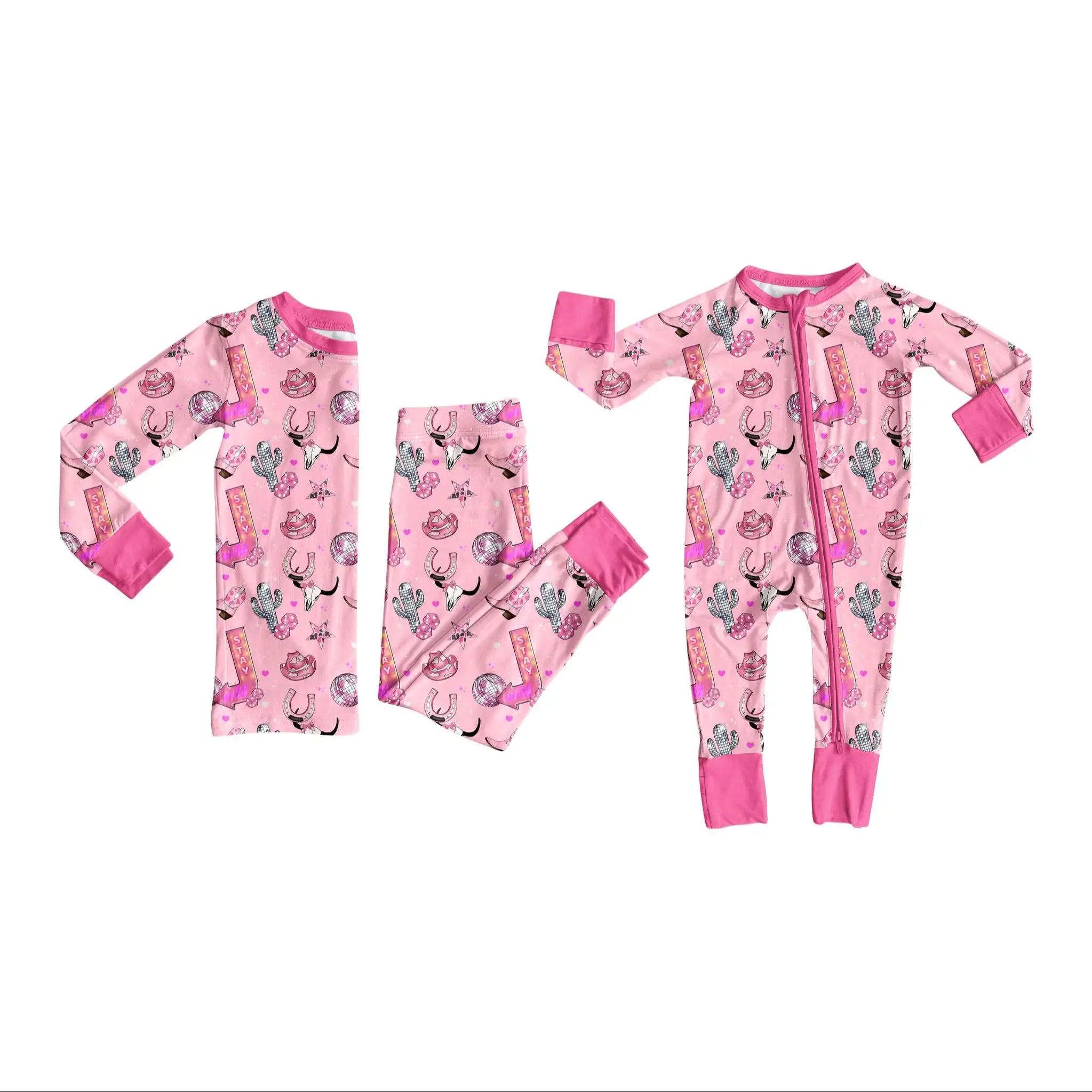 

Boutique Casual Sleepwear Toddler Girl Western Cowgirl Print Outfit Pink Cactus Cowboy Hat Pajamas Set Baby Romper