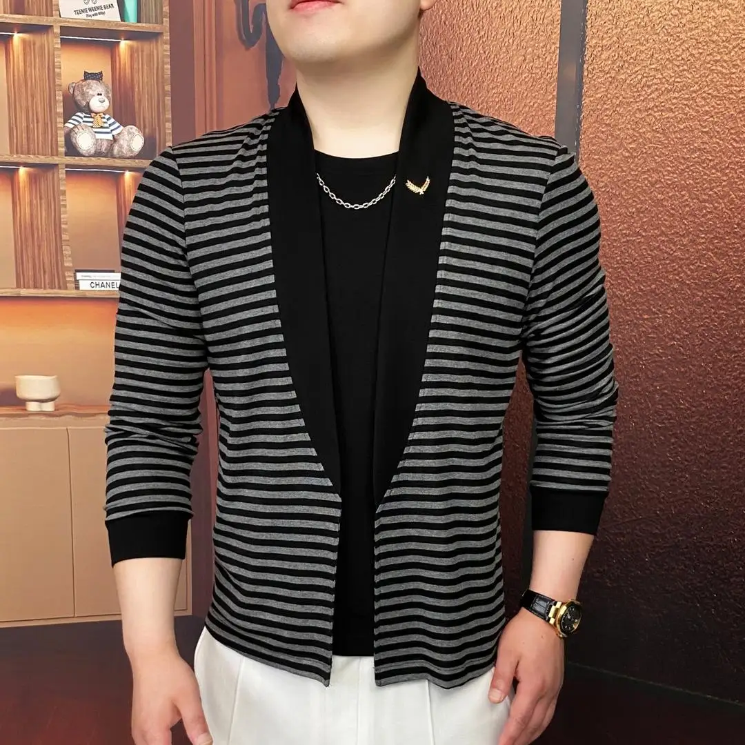 

Романтический полосатый мужской трикотажный джемпер с длинным рукавом, приталенный, осенняя новинка, универсальный, с воротником, легкий, класса люкс