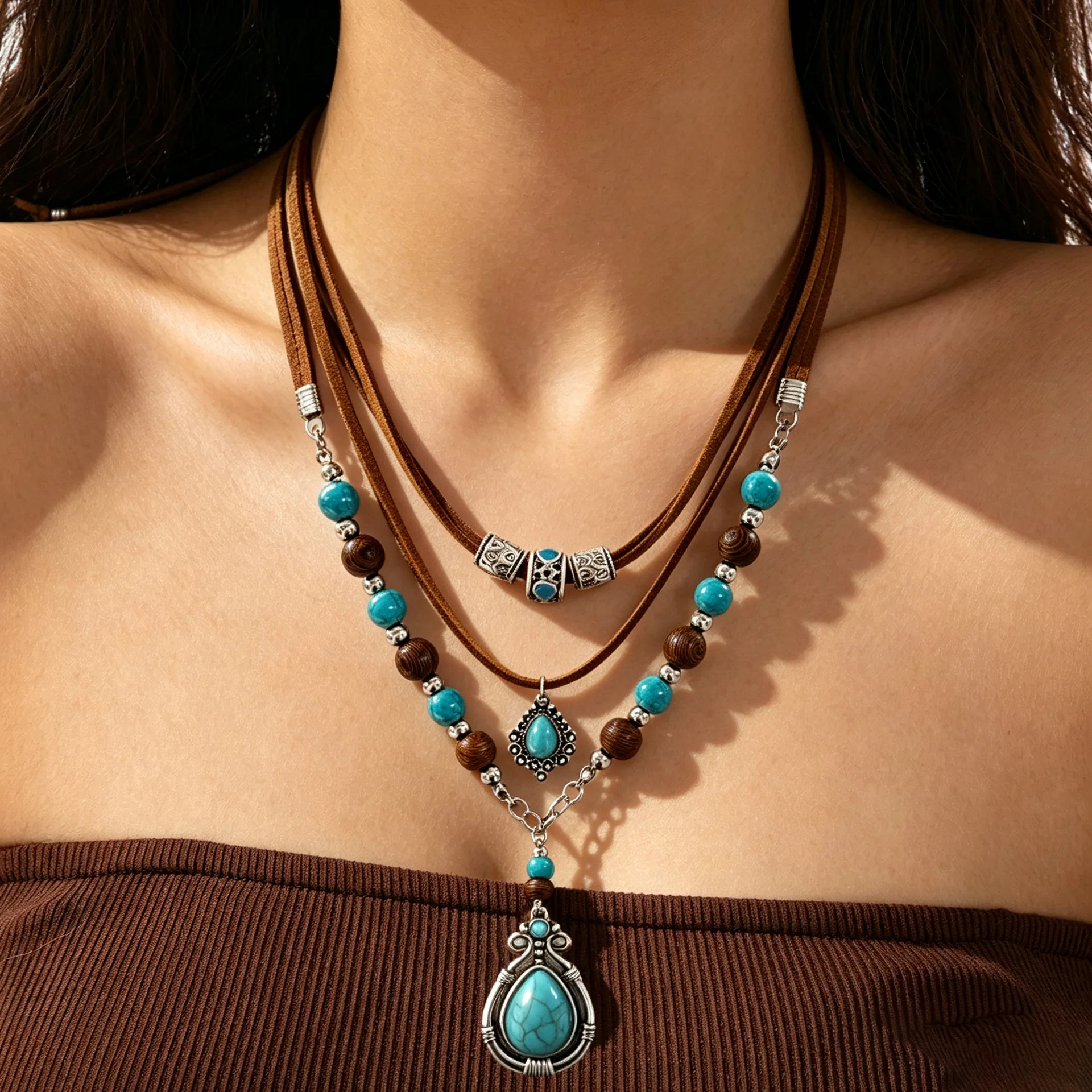Necklace Turquoise Bohemian Vintage Ethnic Pendant Layered Choker Women Green Blue Alloy Stone Lightweight Daily Party Gift