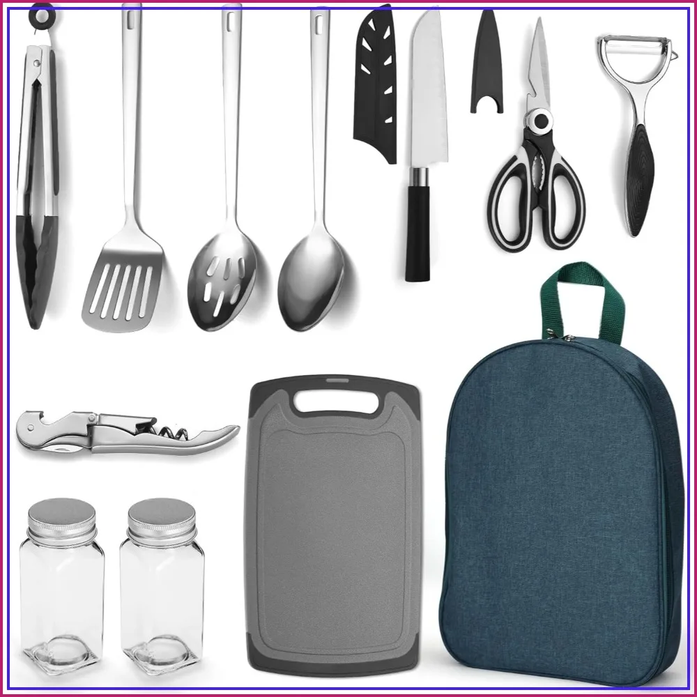 Camping Cooking Utensil Set 10 Piece, Stainless Steel Outdoor Grilling Kit for Travel, BBQ, Picnic, RV