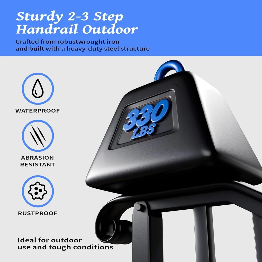 2er-Pack 3-stufige Handläufe für Außenstufen, schmiedeeisernes Treppengeländer, passend für 2 oder 3 Stufen, Metall-Handlauf mit Installationsset