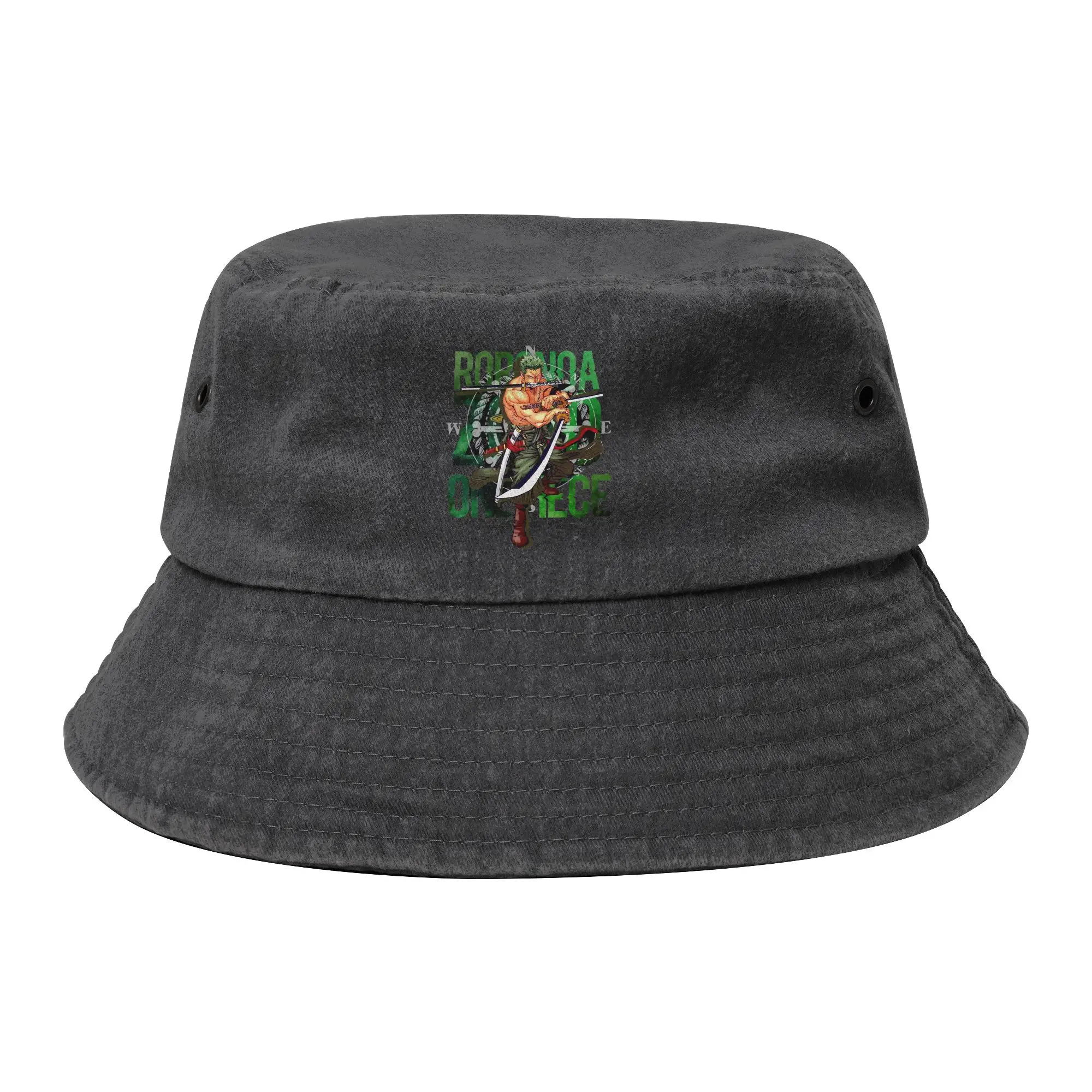 Teen Distressed Denim Washed Bucket Hats Roronoa Zoro Three Sword Style One Piece Outdoor Fishing Cap  Bob Gift