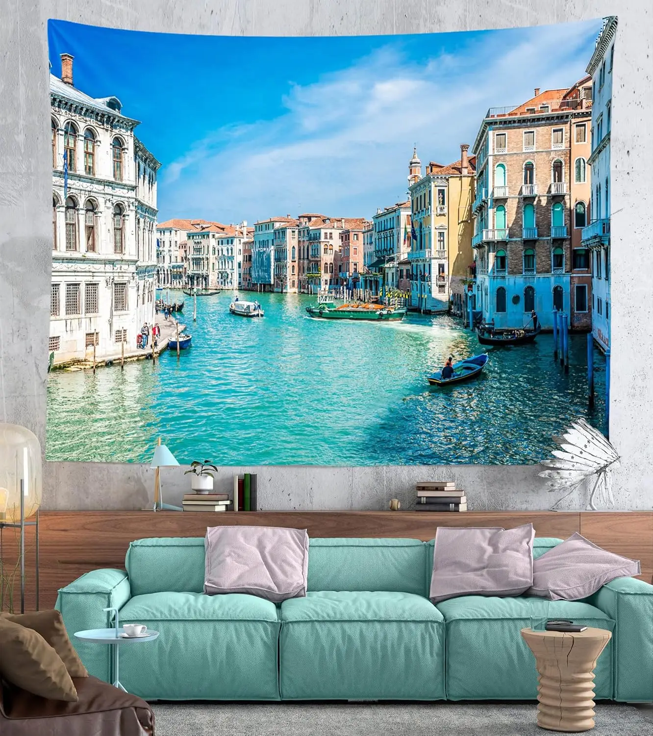 Venice Italy Tapestry Gondola Near Rialto Bridge on Famous Grand Canal Wall Tapestry Urban City Streetscape Wide Wall Hanging