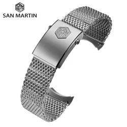 San Martin Brushed Steel Mesh Milanese Bracelet For 20mm Lug Size Watch Fly Adjust Clasp Curved End Links For SN0008 SN0054