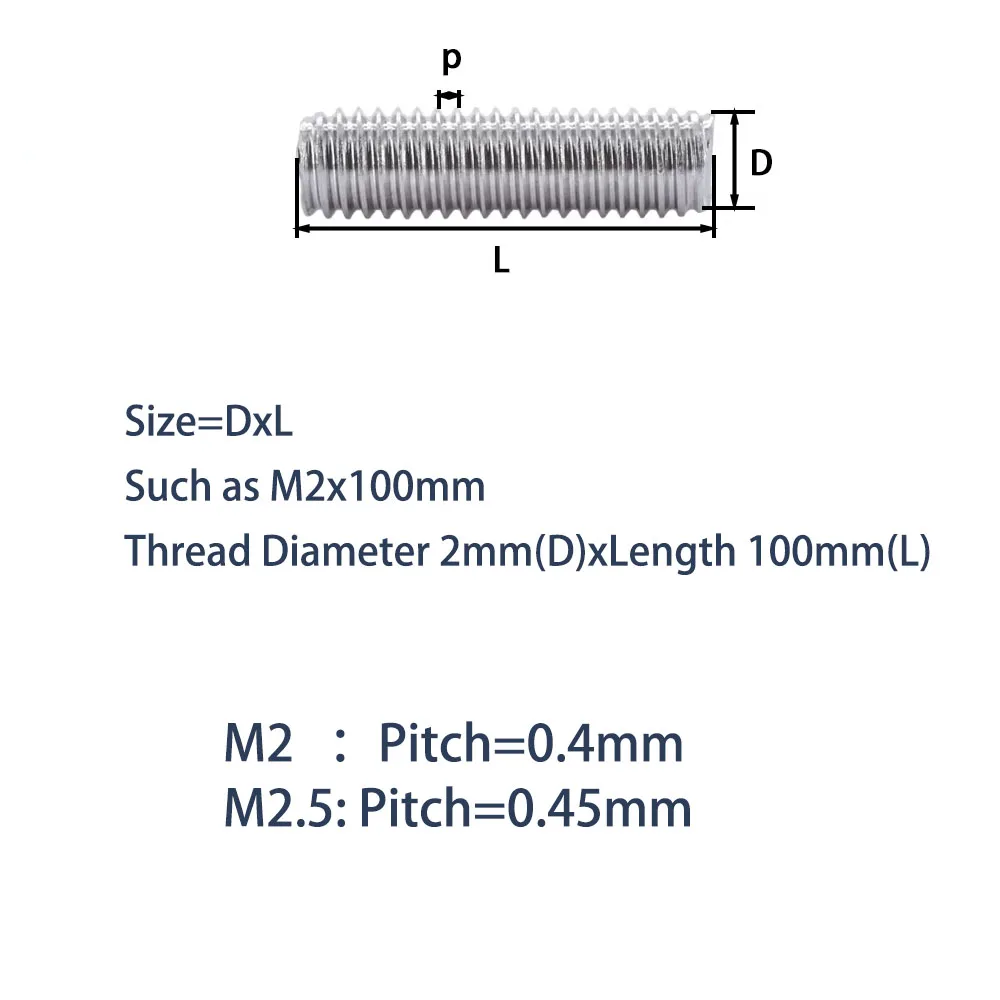 304 Stainless Steel Full Threaded Rod Bolt M2 M2.5 Length 100-500mm Fully Metric Headless Bolt Thread Stud Rods Screws