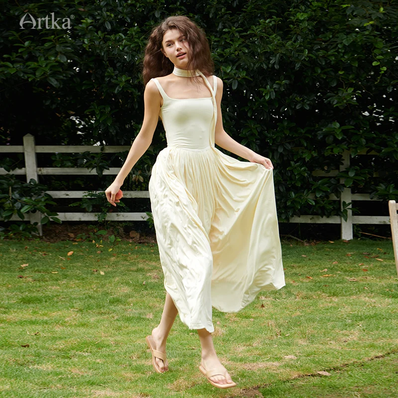 ARTKA 2024 Summer New Women Dress French Elegant Square-neck Tank Dresses Slim Long A-Line Pleated Dress With Streamer LA92640X