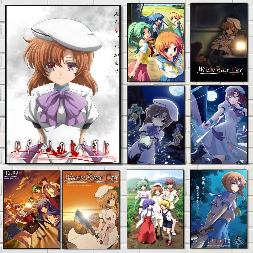 Japanisches Anime-Poster „H-Higurashi When They Cry“, HD-Kunststicker, selbstklebend, wasserdicht, für Wohnzimmer und Schlafzimmer