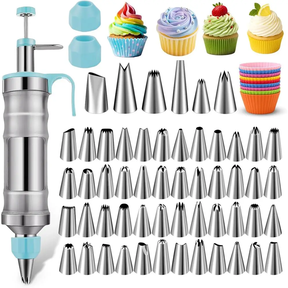 

Dessert ting Syringe Set, Frosting Piping Kit Stainless Steels Cake ting Kit with 54 Piping Tips & 9 silicone cupcakes, Cupcake