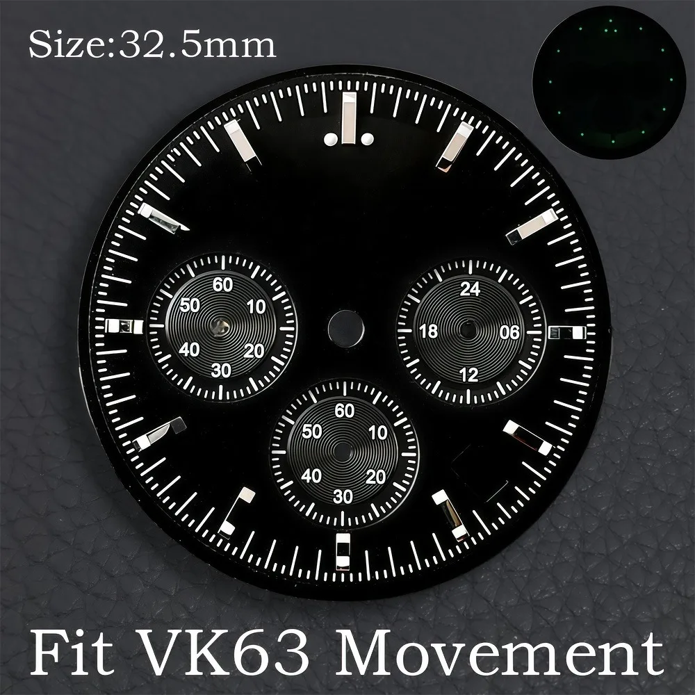 32.5MM Dial Fit VK63 Movement Green Luminous Dial Hands Men's Watches Part VK63 Watch Accessories Maintenance Tools