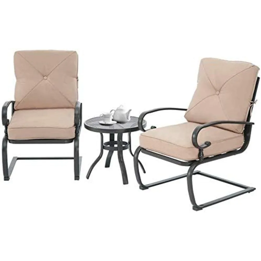 3 Piece Patio Furniture Outdoor Bistro Set Metal Action Lounge Cushioned Chairs and Bistro Round Table Set