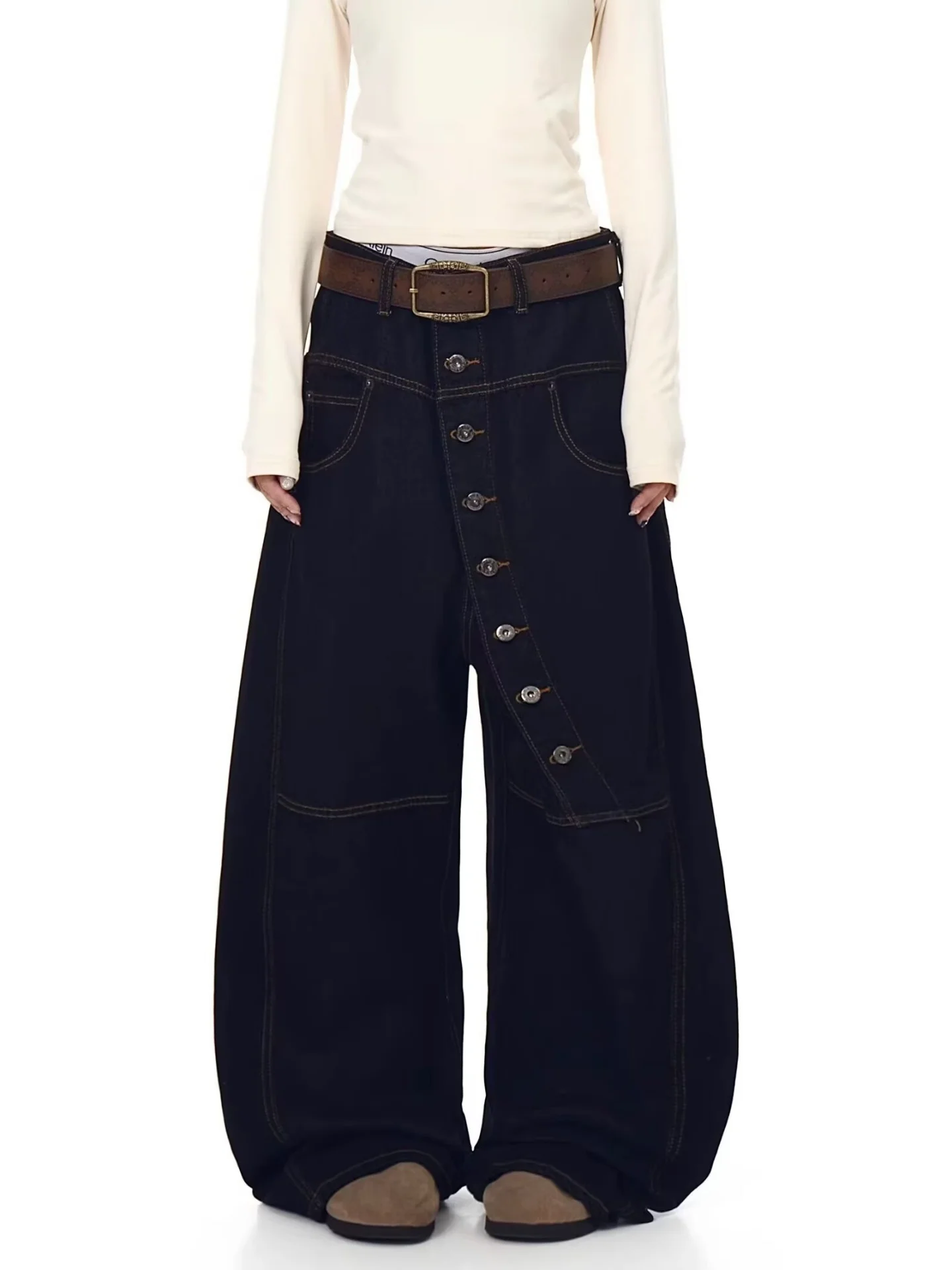

Retro American Style Slant Button Denim Jeans Unisex High Waist Straight Leg Loose Fit Long Pants Casual Summer Fashion