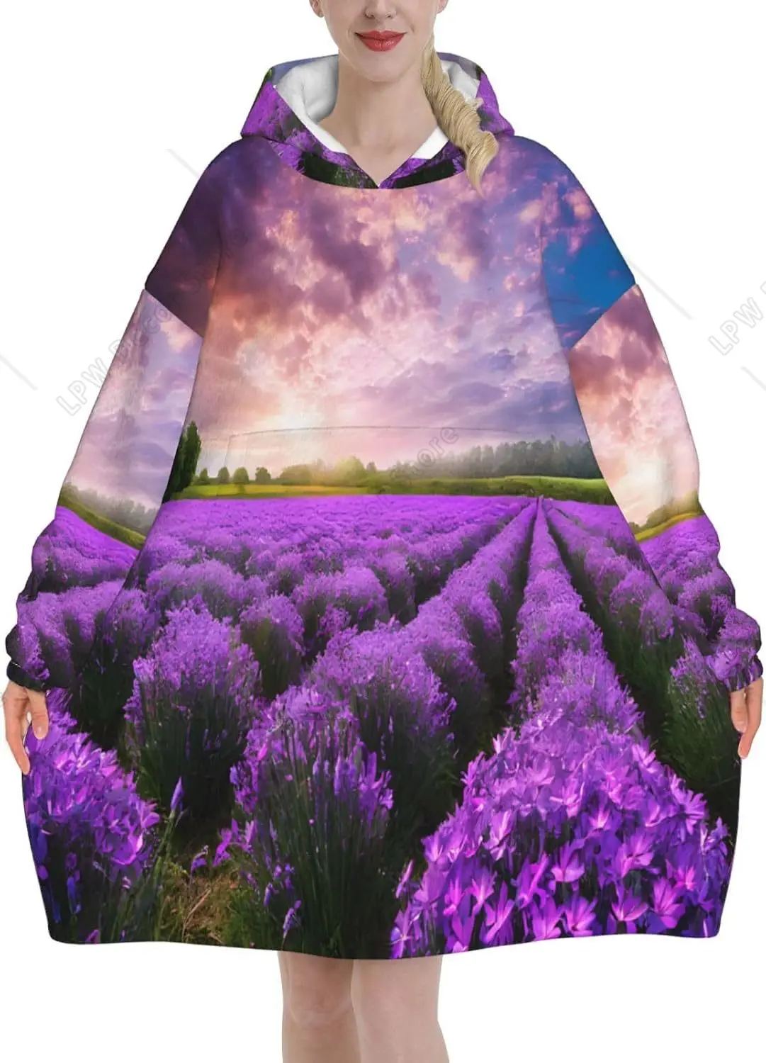 

Носимое одеяло лавандового поля, толстовка с капюшоном для женщин, мягкое теплое одеяло, фланелевая толстовка с капюшоном и карманом