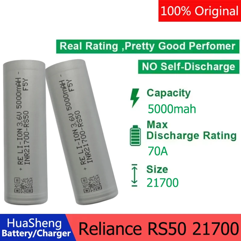 

Grade A Reliance 21700 Rechargeable Battery 5000mah Hight Capacity Low Self Discharge RS50 70A For High Power led Flashlight