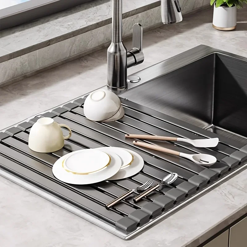 

Складной коврик для сушки посуды из алюминия, особо прочный, на колесиках, экономит место, регулируемый, термостойкий, съемный, для хранения у раковины