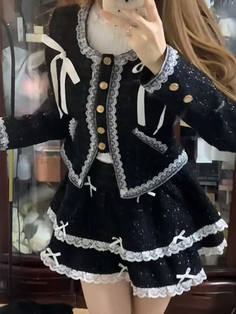 Korean Version Sweet Two Piece Set Women Long Sleeve Tunic Coat A-line High Waist Skirts Lace Bow Elegant Fashion Sets
