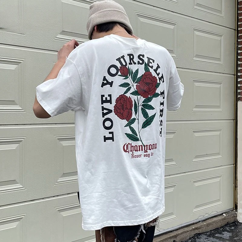 

American retro back rose print washed distressed national fashion brand pure cotton short-sleeved couple wear half-sleeved y2k