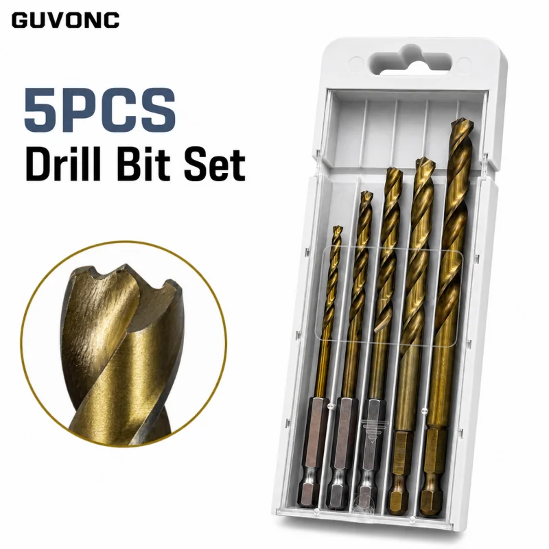 5Pcs HSS Twist Drill Bit Kit, 1/4in Hex Shank Titanium Coated Drill Bits, Precision Drilling Tool for Steel, Aluminum, Wood and