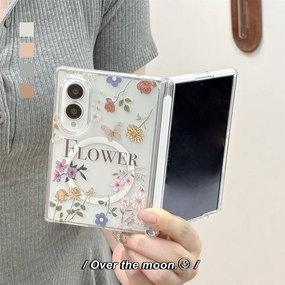 Kawaii Cartoon Flower Butterfly Magnetic Phone Case for Samsung Galaxy Z Fold 8 Ultra Cover Cute For Magsafe Stand Chain Cases