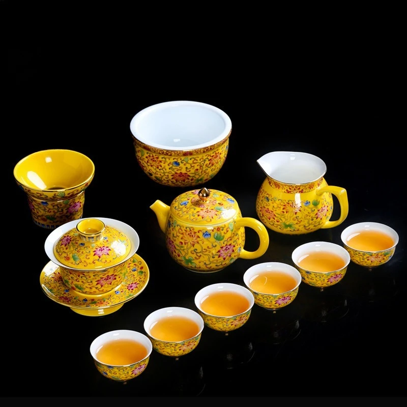 

Enamel color kung fu tea set, a complete set of ceramic teapots for home use, a tea cup, and a tea brewer gift box.