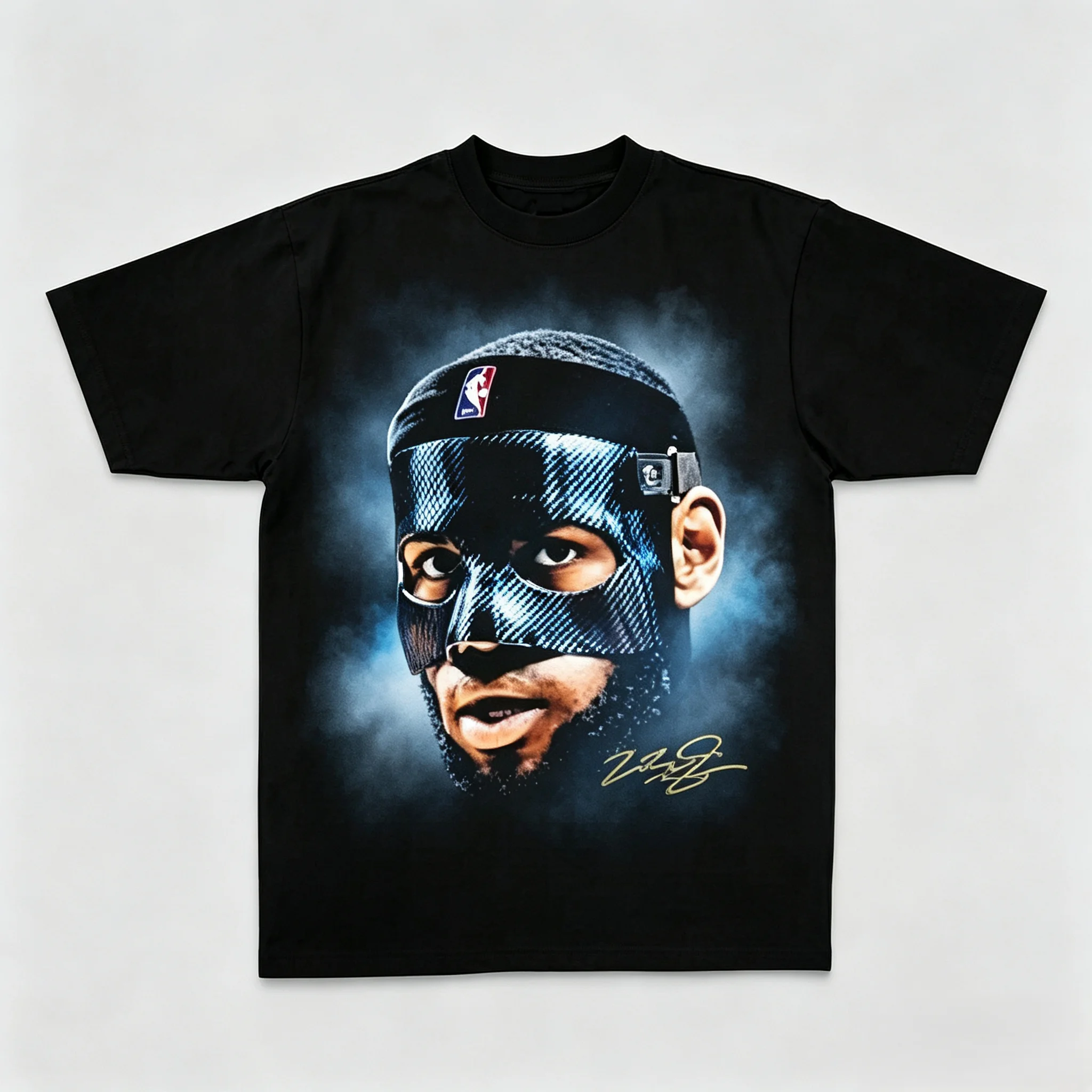 Unisex Carbon Fiber Mask LeBron James Graphic T Shirt Men Women Smoky Background Basketball Star Gold Signature Print Short Sleeve Crewneck Oversized Streetwear Casual Tee
