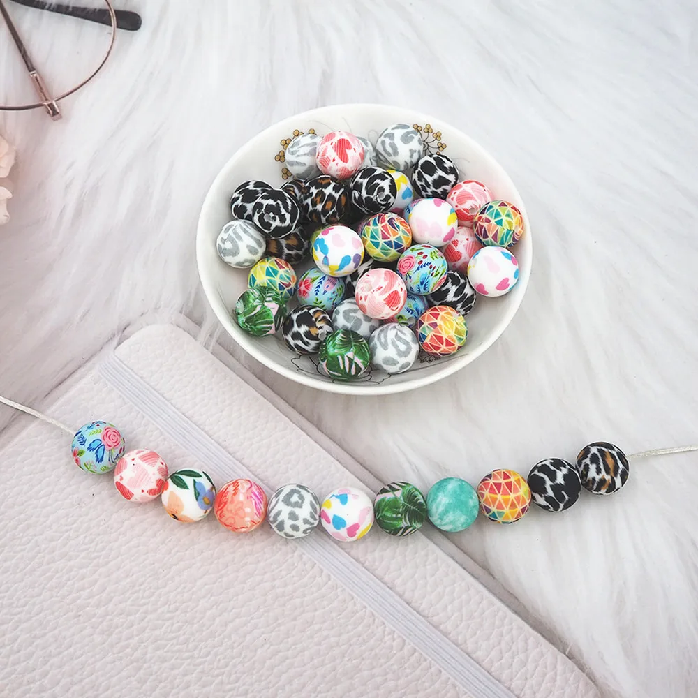 

Chenkai 50PCS 15mm Silicone Print Beads Baby Round Shaped Beads Teething BPA Free DIY Sensory Chewing Toy Gift Accessories