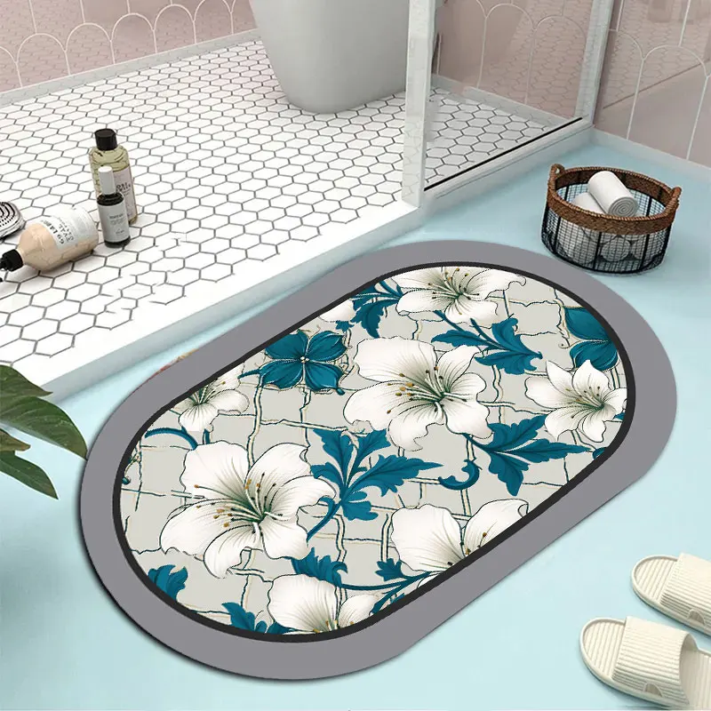 Floral Elliptical Shapes  Rug For Bath And Kitchen Super Absorbent Quick Dry Rubber Backed Dirt Resistant Bath Rugs Mats