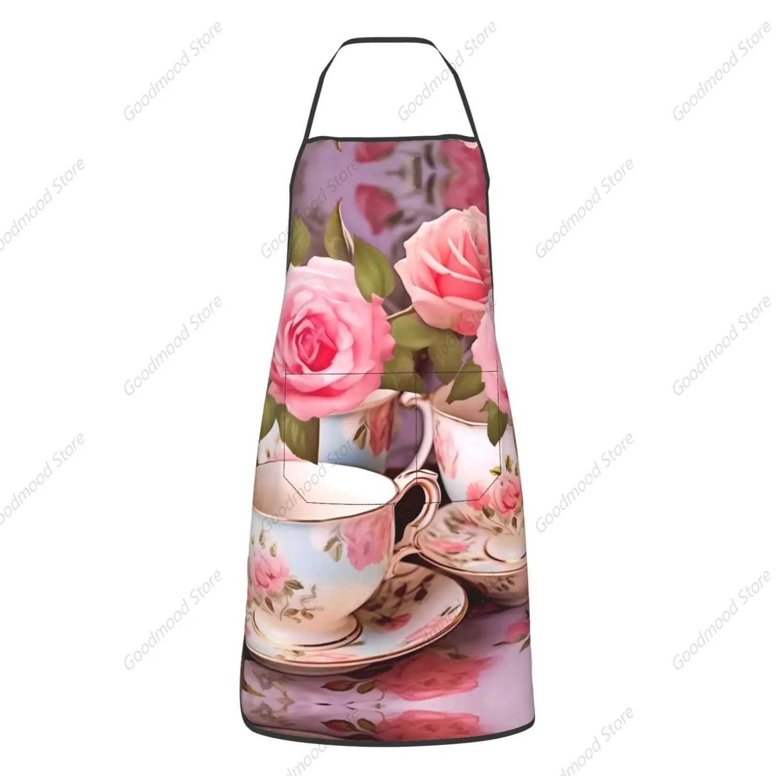 Tea Cups With Roses Romantic Shabby Print Apron Kitchen Cooking Baking Gardening For Women Men With Pockets Waterproof Apron