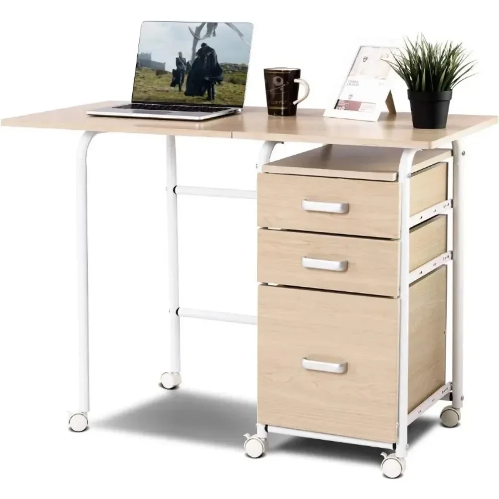 Folding Computer Desk Wheeled Home Office Furniture with 3 Drawers Laptop Desk Writing Table Portable Dorm Apartment