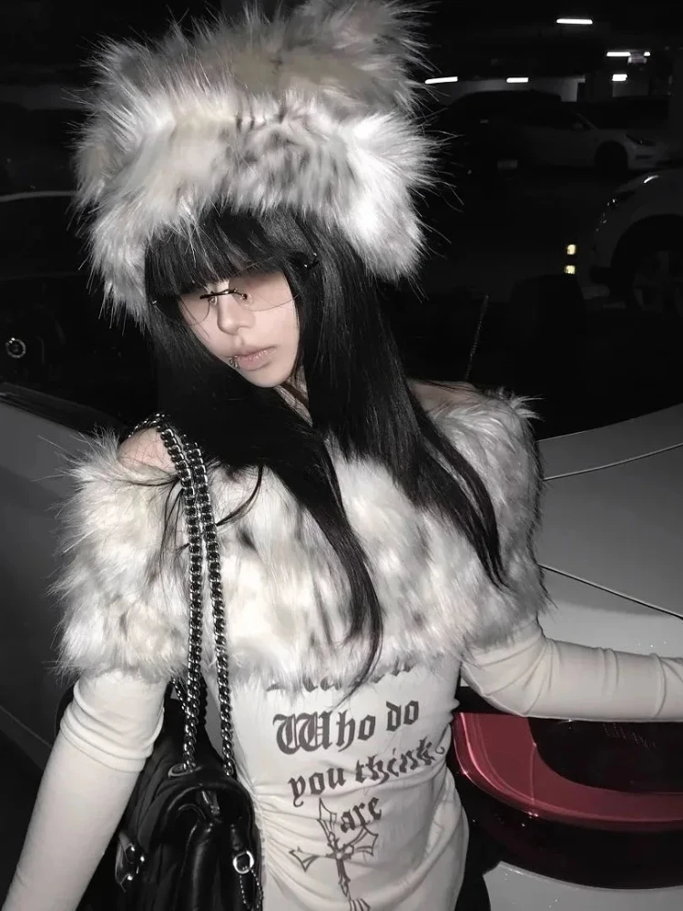 

Y2k fur collar Retro one shoulder long sleeved letter printed slim fit spicy Girl Vintage casual High Street sexy long T-shirts