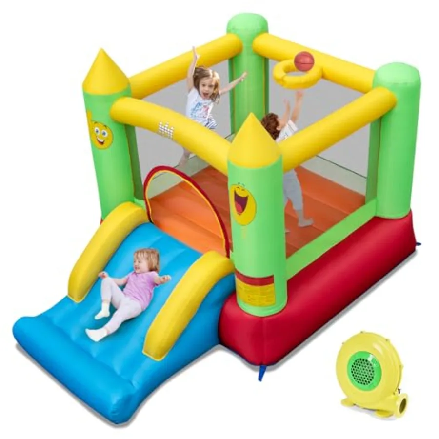 Castelo Inflável para Crianças para Uso Interno e Externo com Área de Salto Resistente e Escorregador, Mini Castelo Inflável com Ventilador de 480W para Crianças