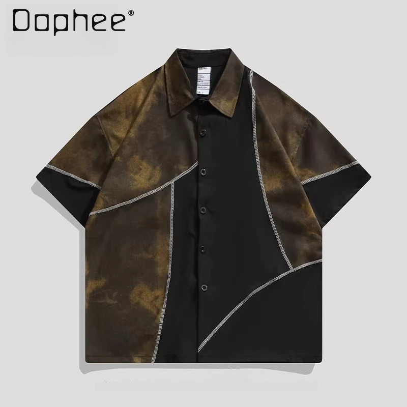 

2026 Summer New American Retro Street Style Men's Black and Yellow Stitching Loose Casual Lapel Short Sleeve Shirt
