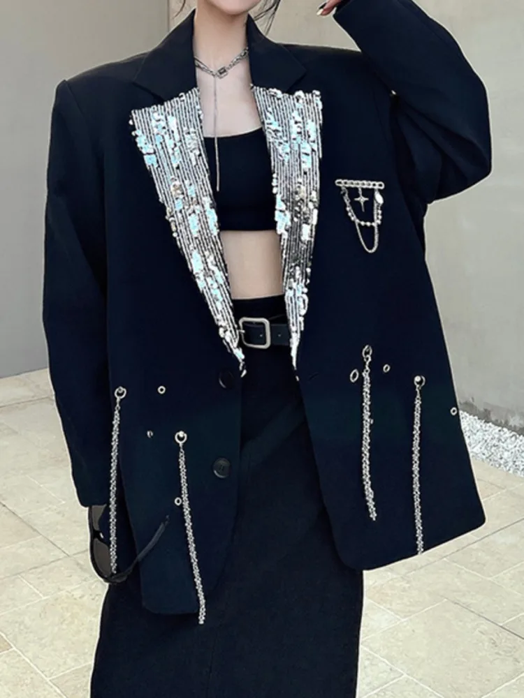 UCXQ Tide Blazer Coat High Street Metal Chain Lapel Splicing Sequin Loose All Match Fashion Women's Jacket 2025 Spring Autumn