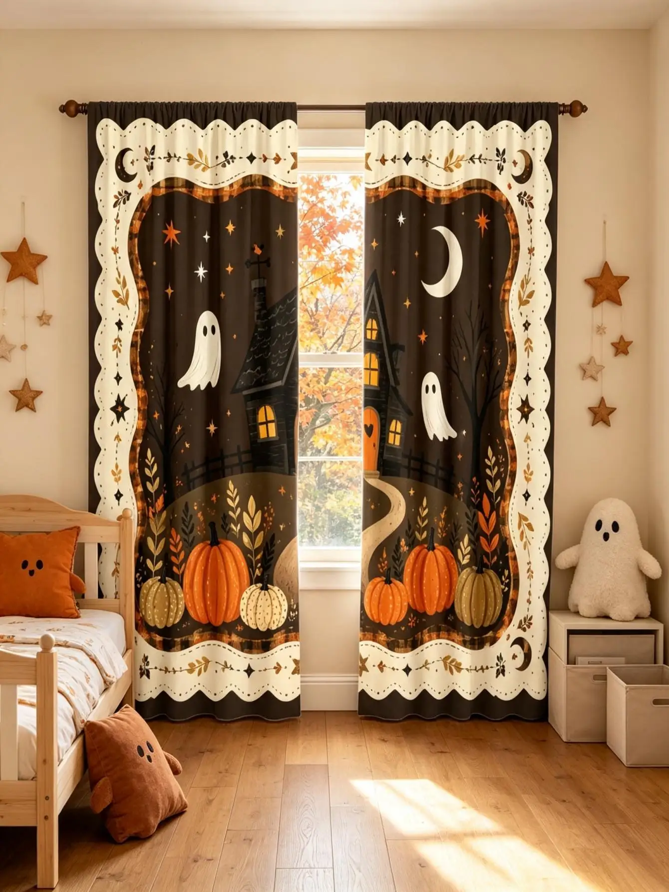2PCS Digital Print Curtain, Floral Border Haunted Castle Halloween, Gothic Vintage Spooky for Living Room Bedroom Decor