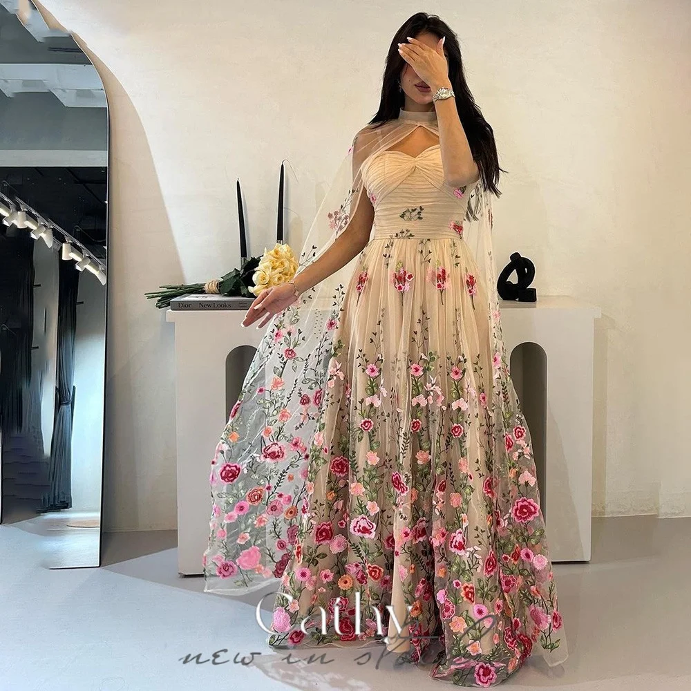 

Cathy Elegantly Flower Embroidery فساتين سهره فاخره2023 Tulle A-line Prom Dresses Sexy Halter Neck Shawl Vestidos De Noche